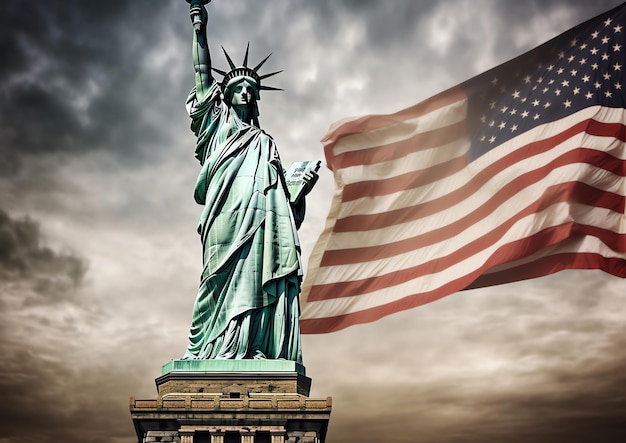 Statue of liberty with a flag in the background