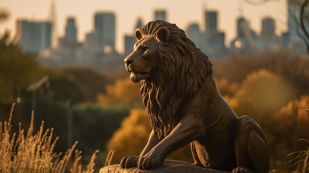 A statue of a lion in front of a city skyline