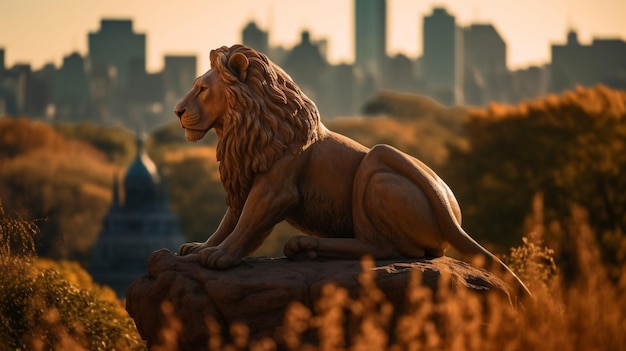 A statue of a lion sits on a rock in front of a city skyline.