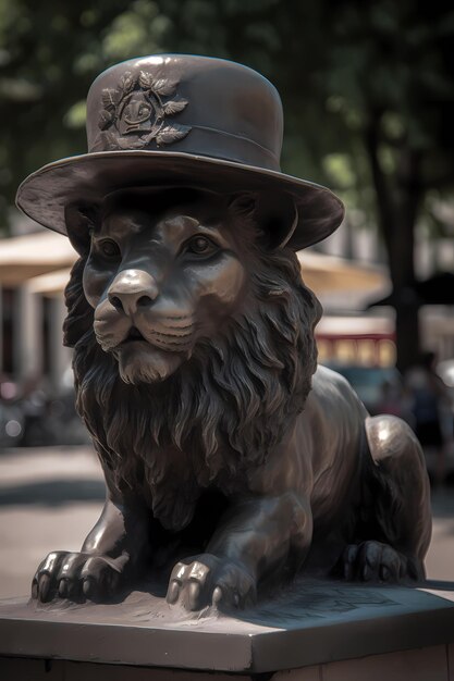 A statue of a lion wearing a top hat with a flower on it.