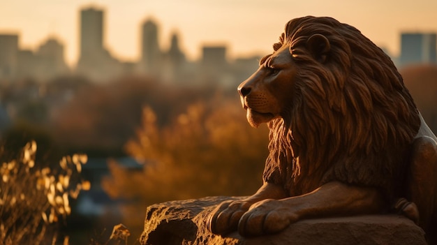 A statue of a lion with a city in the background