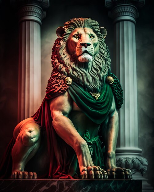 A statue of a lion with a green cape and a gold chain around it