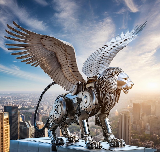 a statue of a lion with a sky background