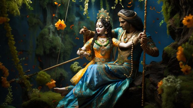 Photo statue of lord sri krishna with radha on the swing