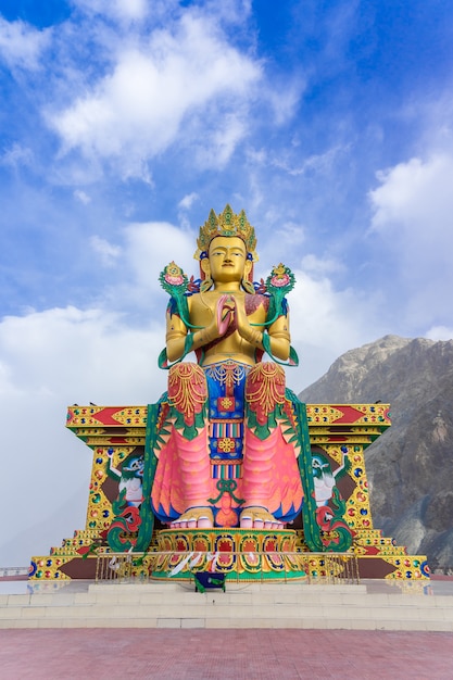 A statue of Maitreya Buddha at Diskit Monastery, Nubra Valley, Ladakh, India.