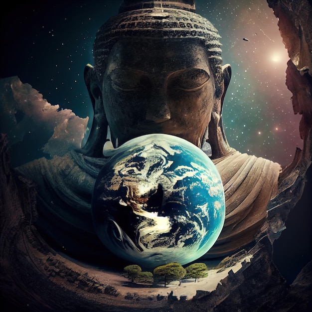 A statue of a man holding a planet with the word buddha on it