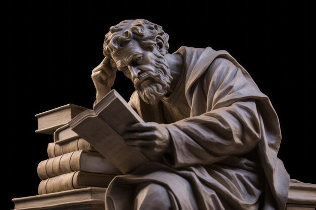 a statue of a man leaning on a table