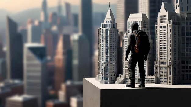 Photo a statue of a man on a ledge looking at a building