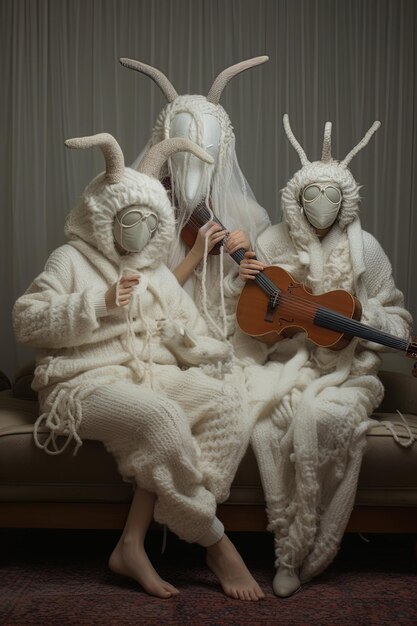 Photo a statue of a man playing a violin and a mask of liberty