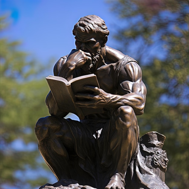 Photo a statue of a man reading a book with a book on his lap