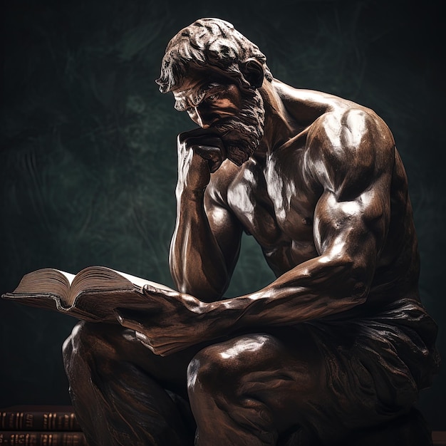 Photo a statue of a man reading a book with the words  god  on the bottom