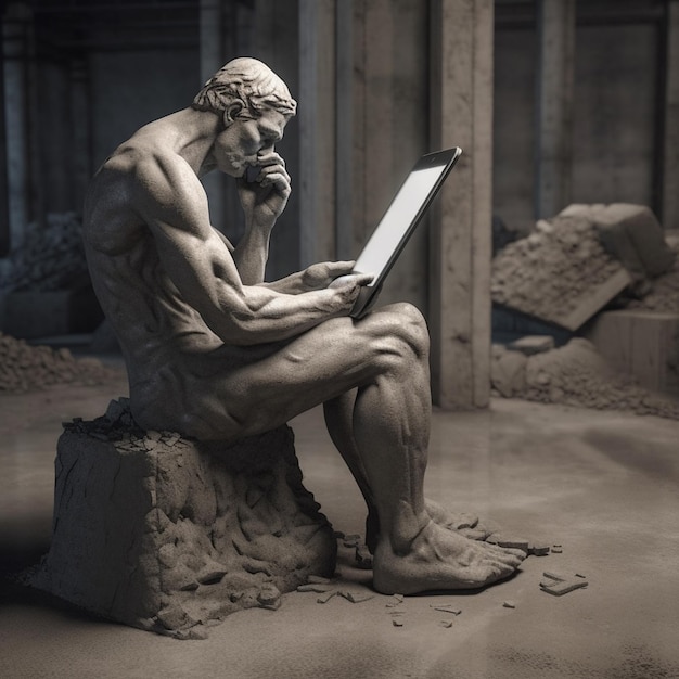 Foto una statua di un uomo siede su una roccia con una penna in mano.