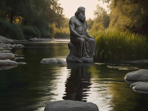 a statue of a man sitting on a rock in the water