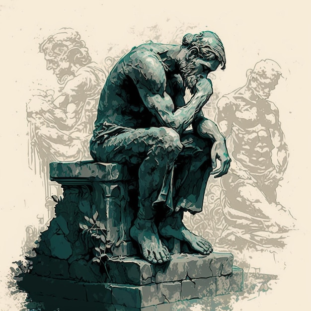 A statue of a man sitting on a stone bench with the words " thinker " on it.