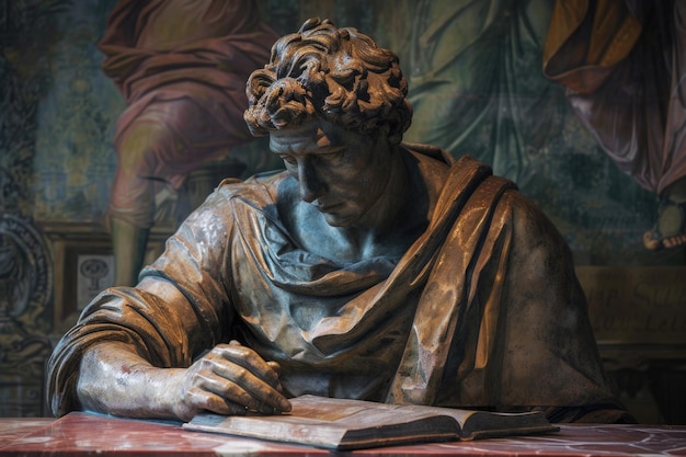 Statue of a man sitting at a table with a book