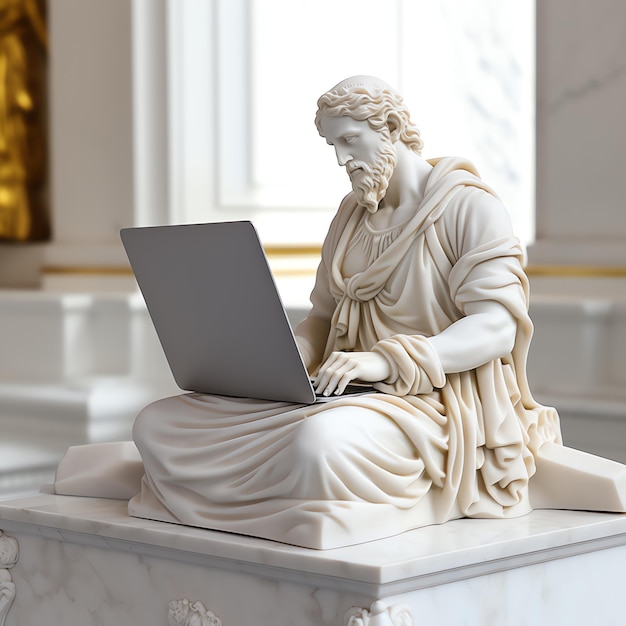 Photo a statue of a man using a laptop