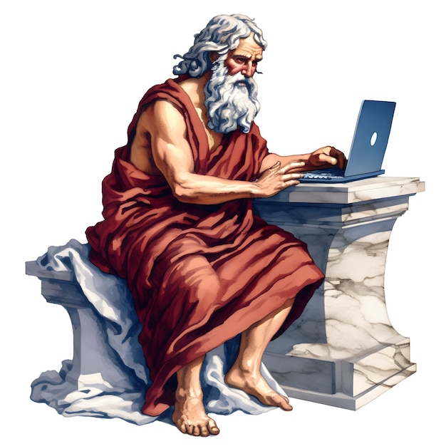 A statue of a man using a laptop