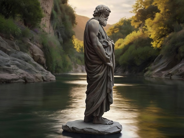 Photo a statue of a man in the water with a mountain background