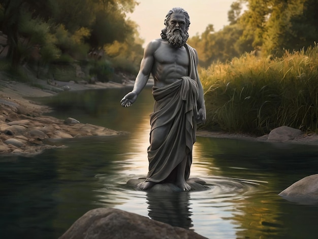 a statue of a man in the water with the sun shining on it