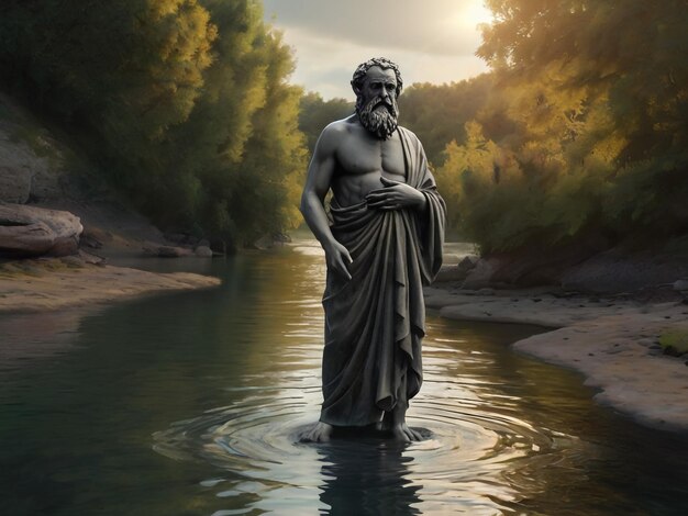 Photo a statue of a man in the water with trees in the background