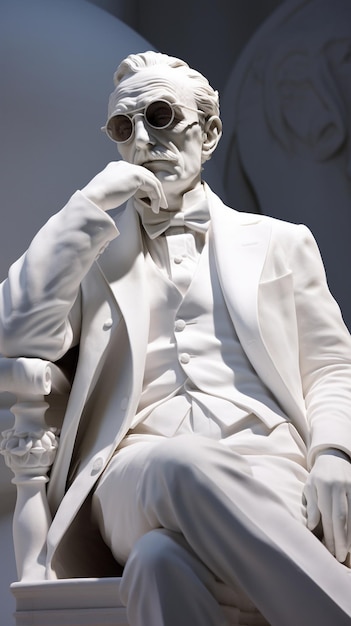 a statue of a man wearing a bow tie sits in front of a statue of a man.