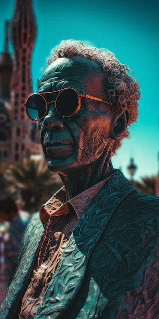 A statue of a man wearing sunglasses and a tie with the word art on it.