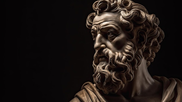 A statue of a man with a beard and a beard is in a dark room