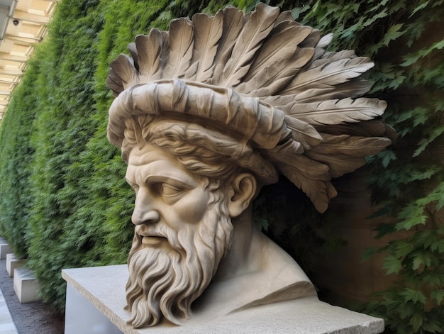 a statue of a man with a beard and feathers on his head