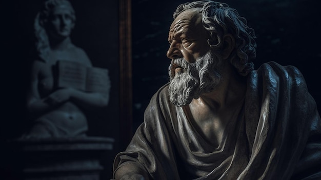 A statue of a man with a beard sits in front of a statue of a statue of a man with a book in his hand.