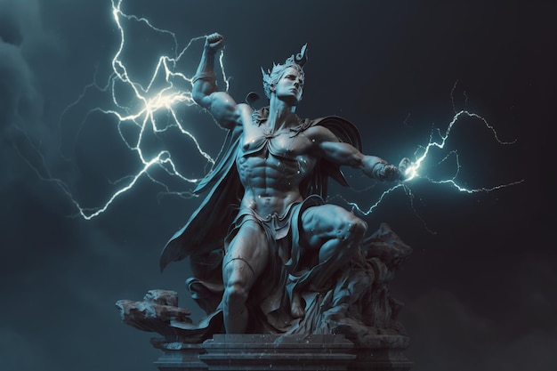 A statue of a man with a cape and lightning bolts on his chest.