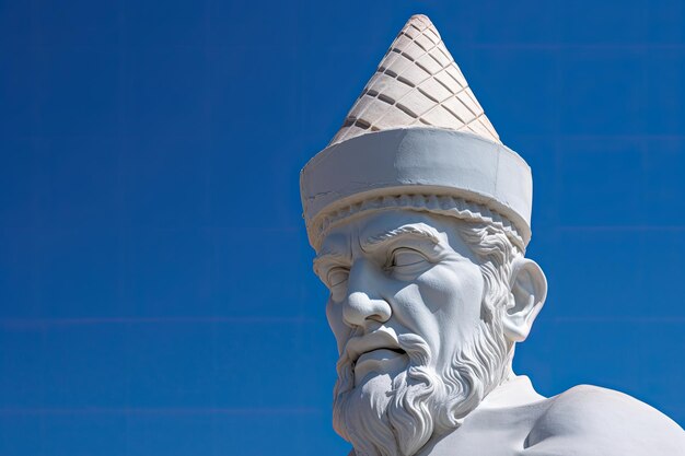 A statue of a man with a cone hat