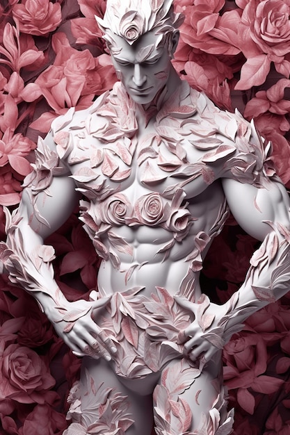 가슴에 꽃을 한 남자의 조각상.