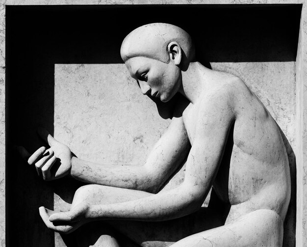 Una statua di un uomo con una mano in bocca è seduta su un muro di pietra.