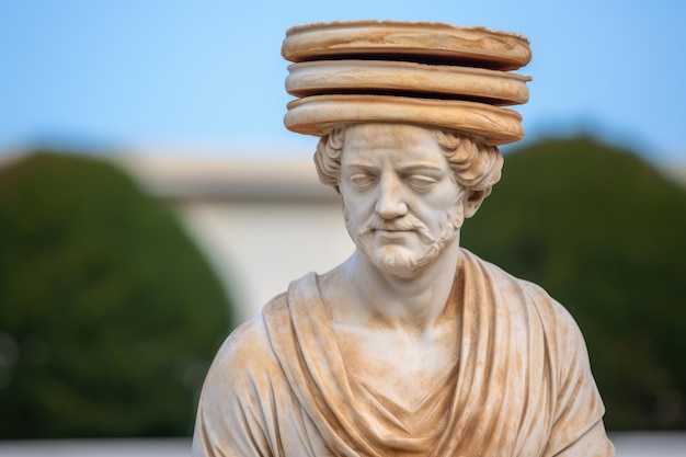 Photo a statue of a man with pancakes on his head