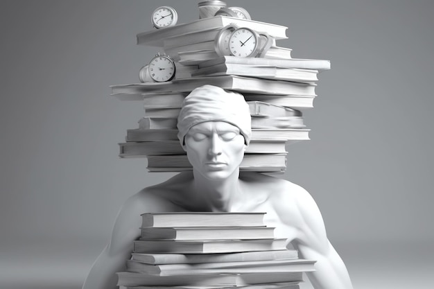 A statue of a man with a pile of books on his head Generative AI image