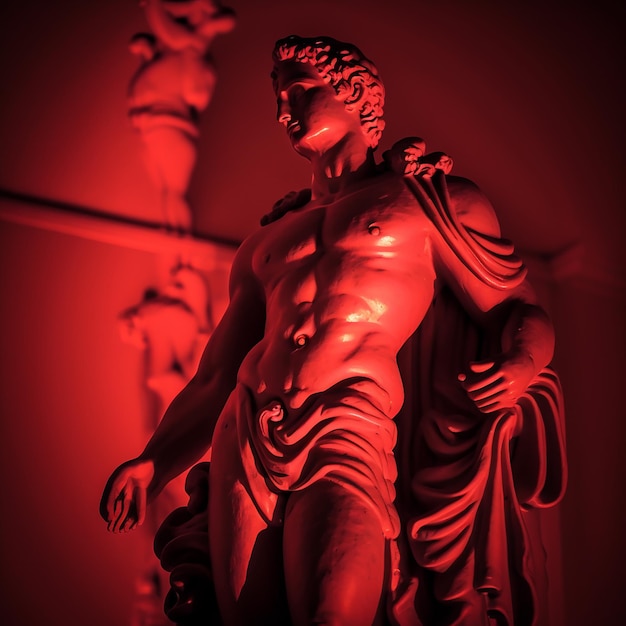 A statue of a man with a red light behind him