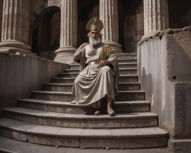 Foto una statua di un uomo con una veste seduto sui gradini di un edificio.