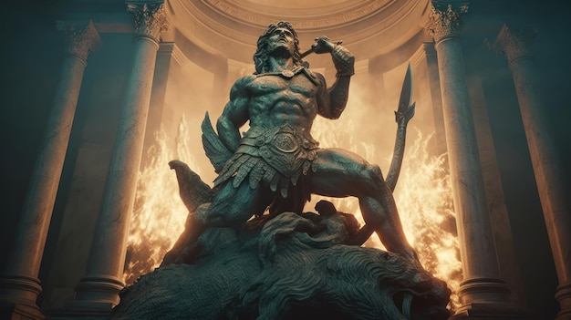 A statue of a man with a sword is in front of a building with a fire behind him.