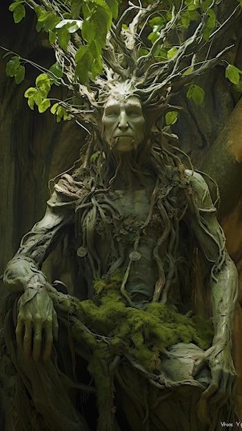 A statue of a man with a tree growing out of his head.