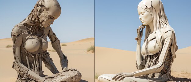 a statue of a man and a woman in front of the desert