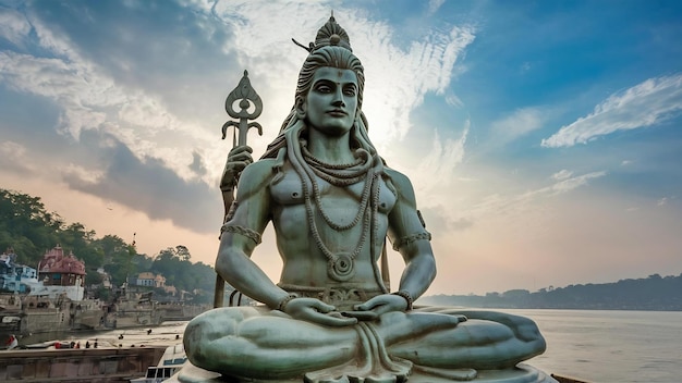 Photo statue of meditating hindu god shiva against the sky and clouds on the ganges river at rishikesh vi