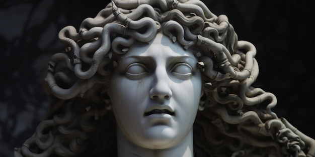 A statue of a medusa head with curly hair