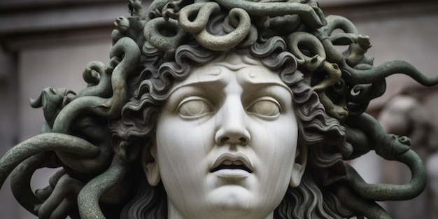 A statue of a medusa head with a snake on it.