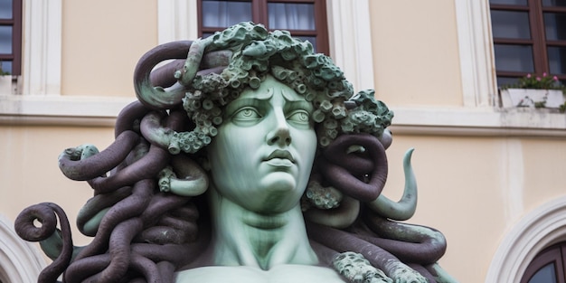 A statue of medusa heads with snakes on it