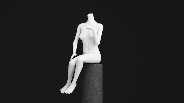 Statue of model mannequin in white for showcasing fashion\
clothes in an abstract concept on stone pallet product stand\
isolate on black background 3d rendering