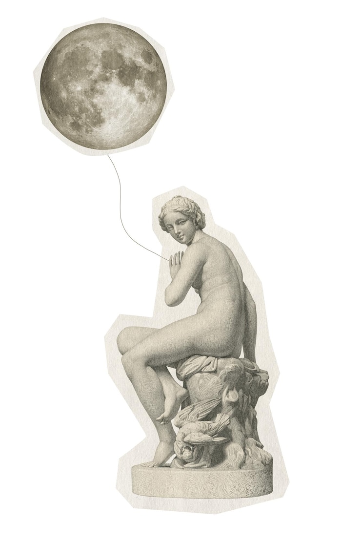 Photo statue and moon png sticker surreal design mixed media transparent background