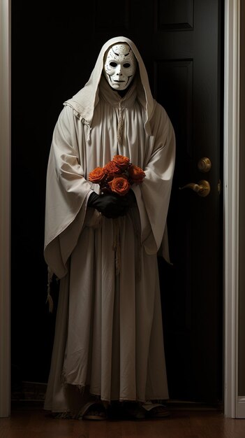 Photo a statue of a nun is standing in front of a door