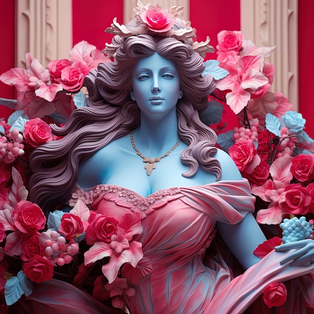 Фото Статуя красивой женщины с рыжими волосами и голубым небом