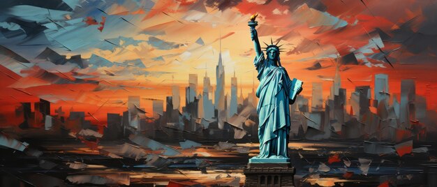 사진 뉴욕의 자유의 여신상 (statue of liberty) 의 해가 지는 모습 - 디지털 오일 컬러 그림 일러스트레이션