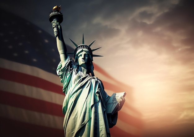 写真 バック グラウンドでアメリカの国旗と自由の女神像
